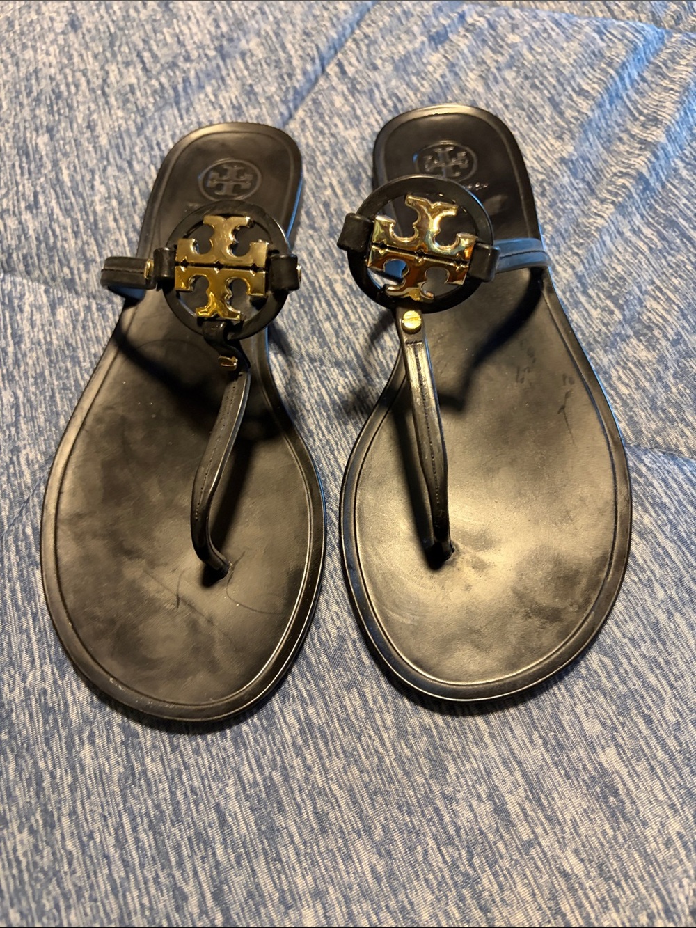 Tory Burch Black and Gold Logo Thong Sandals